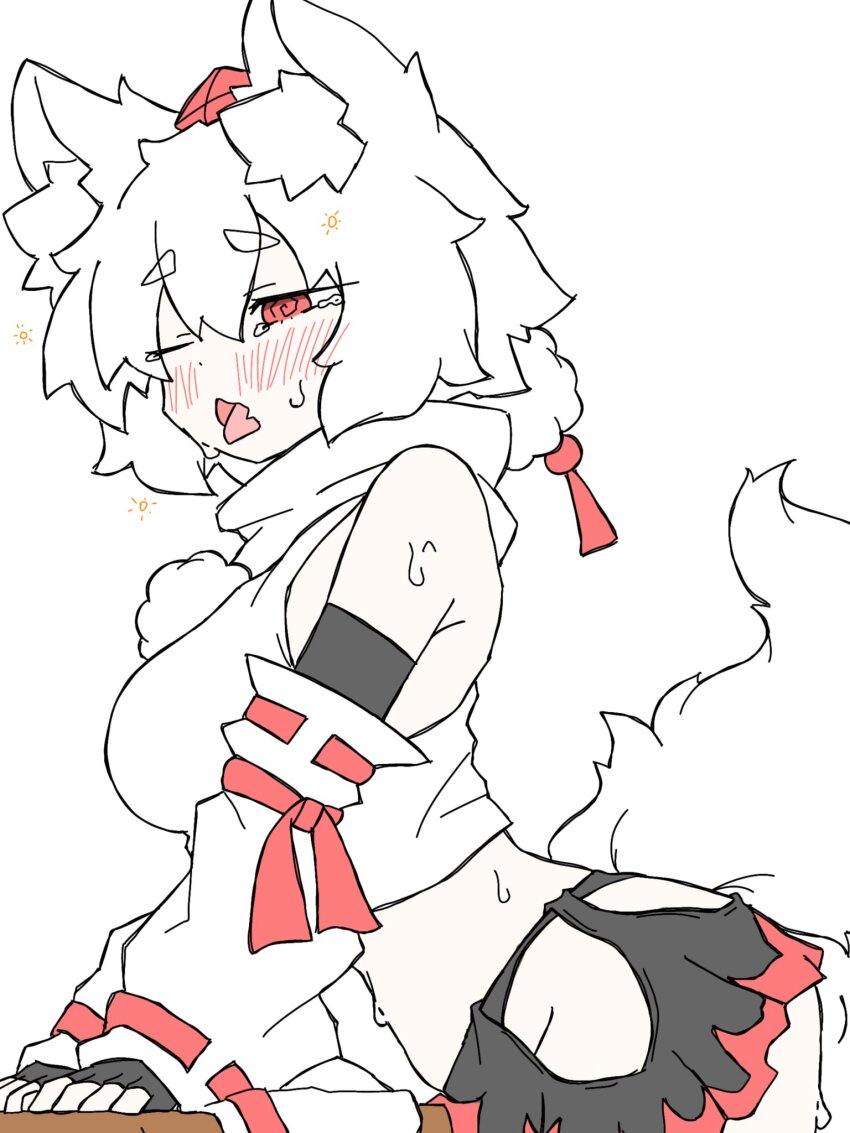 1girl @_@ animal_ear_fluff animal_ears black_skirt blush breasts cowboy_shot crotch_rub detached_sleeves female_masturbation fumomono hat highres hip_vent inubashiri_momiji large_breasts masturbation masturbation_through_clothes midriff miniskirt one_eye_closed open_mouth pom_pom_(clothes) red_eyes red_hat red_skirt ribbon-trimmed_sleeves ribbon_trim shirt short_hair simple_background skirt sleeveless sleeveless_shirt solo sweat table table_humping tail tokin_hat tongue tongue_out touhou turtleneck turtleneck_shirt two-tone_skirt white_background white_hair white_shirt white_sleeves wolf_ears wolf_girl wolf_tail