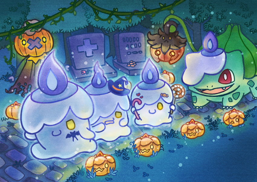 blue_fire bright_pupils bulbasaur candy candy_hair_ornament claws cosplay drifloon fangs fire flower food food-themed_hair_ornament gen_1_pokemon gen_4_pokemon gen_5_pokemon gen_6_pokemon glowing glowing_eyes grass hair_ornament halloween hat hat_ornament heart heart_hair_ornament holding holding_candy holding_food holding_lollipop jack-o&#039;-lantern kuruta_(qulta03) litwick litwick_(cosplay) lollipop mini_hat mini_witch_hat night nintendo no_humans one_eye_covered open_mouth outdoors parade path plant pokemon pokemon_(creature) pumpkaboo pumpkin red_eyes road rose star_(symbol) star_hat_ornament swirl_lollipop tree vines white_pupils witch_hat yellow_eyes zubat