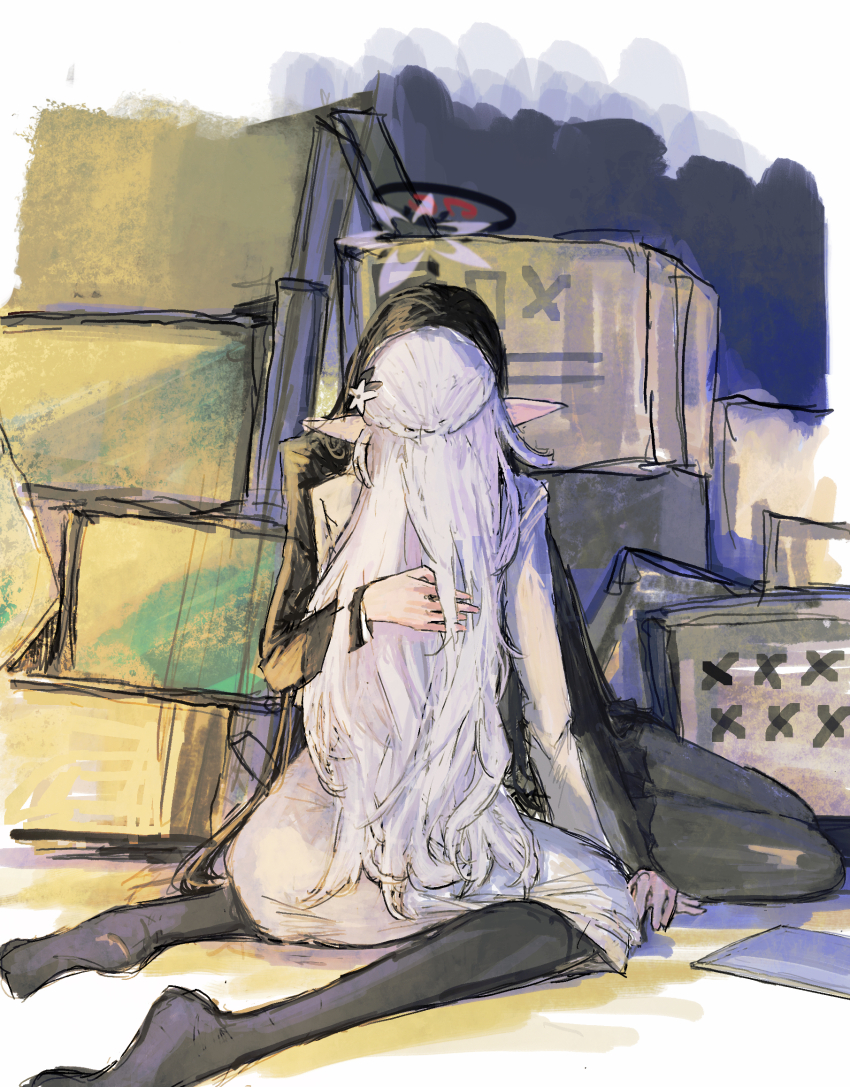 2girls back black_hair black_pantyhose blue_archive box cardboard_box halo highres himari_(blue_archive) hug long_hair multiple_girls pantyhose pointy_ears rio_(blue_archive) she_(morianosu) sitting wariza white_hair yokozuwari yuri