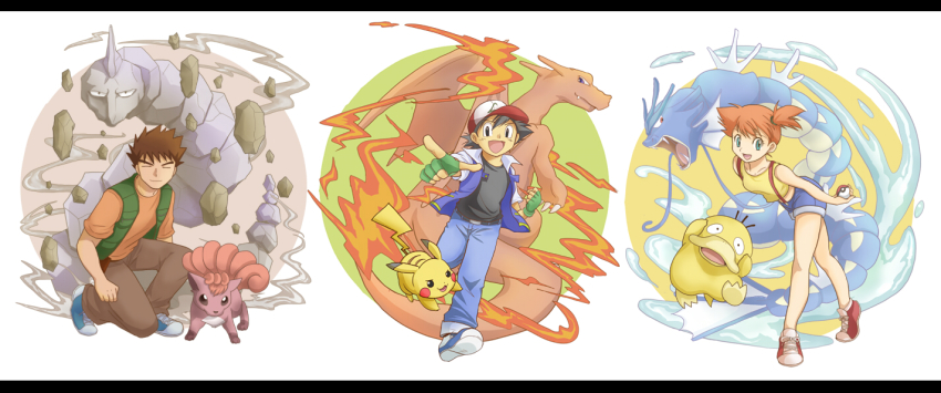 1girl 2boys aqua_eyes artistic_error ash_ketchum black_eyes black_hair brock_(pokemon) brown_hair charizard closed_eyes denim fire flame-tipped_tail gen_1_pokemon gintarou_(puipuiginta) gyarados hat jacket jeans kneeling letterboxed misty_(pokemon) multiple_boys nintendo onix open_mouth orange_hair pants pikachu pointing poke_ball poke_ball_(basic) pokemon pokemon_(anime) pokemon_(classic_anime) pokemon_(creature) psyduck shoes short_hair shorts side_ponytail smile sneakers suspenders tail vest vulpix