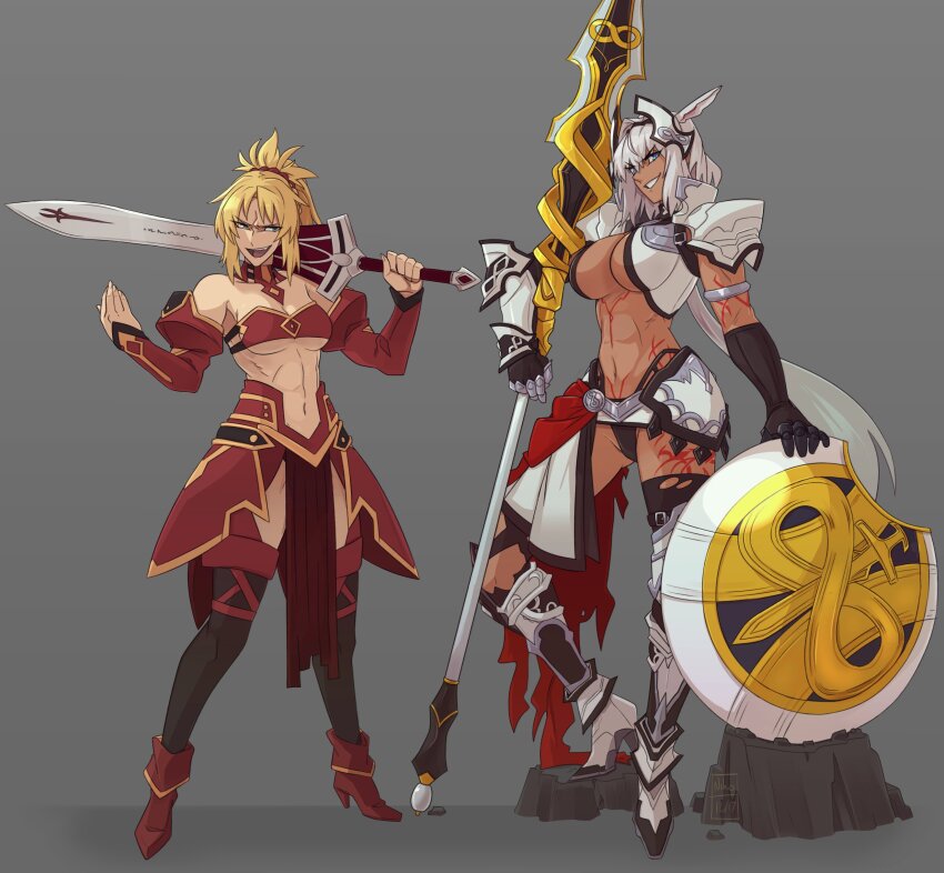 2girls abs absurdres alternate_breast_size animal_ears blonde_hair blue_eyes breasts caenis_(fate) caenis_(second_ascension)_(fate) commission elbow_gloves fang fate/apocrypha fate/grand_order fate_(series) gloves green_eyes grey_background high_heels highres holding holding_polearm holding_shield holding_sword holding_weapon kamuify large_breasts medium_breasts mordred_(fate) mordred_(fate/apocrypha) multiple_girls open_mouth over_shoulder polearm ponytail revealing_clothes shield simple_background spear stomach sword sword_over_shoulder tan tattoo weapon weapon_over_shoulder white_hair