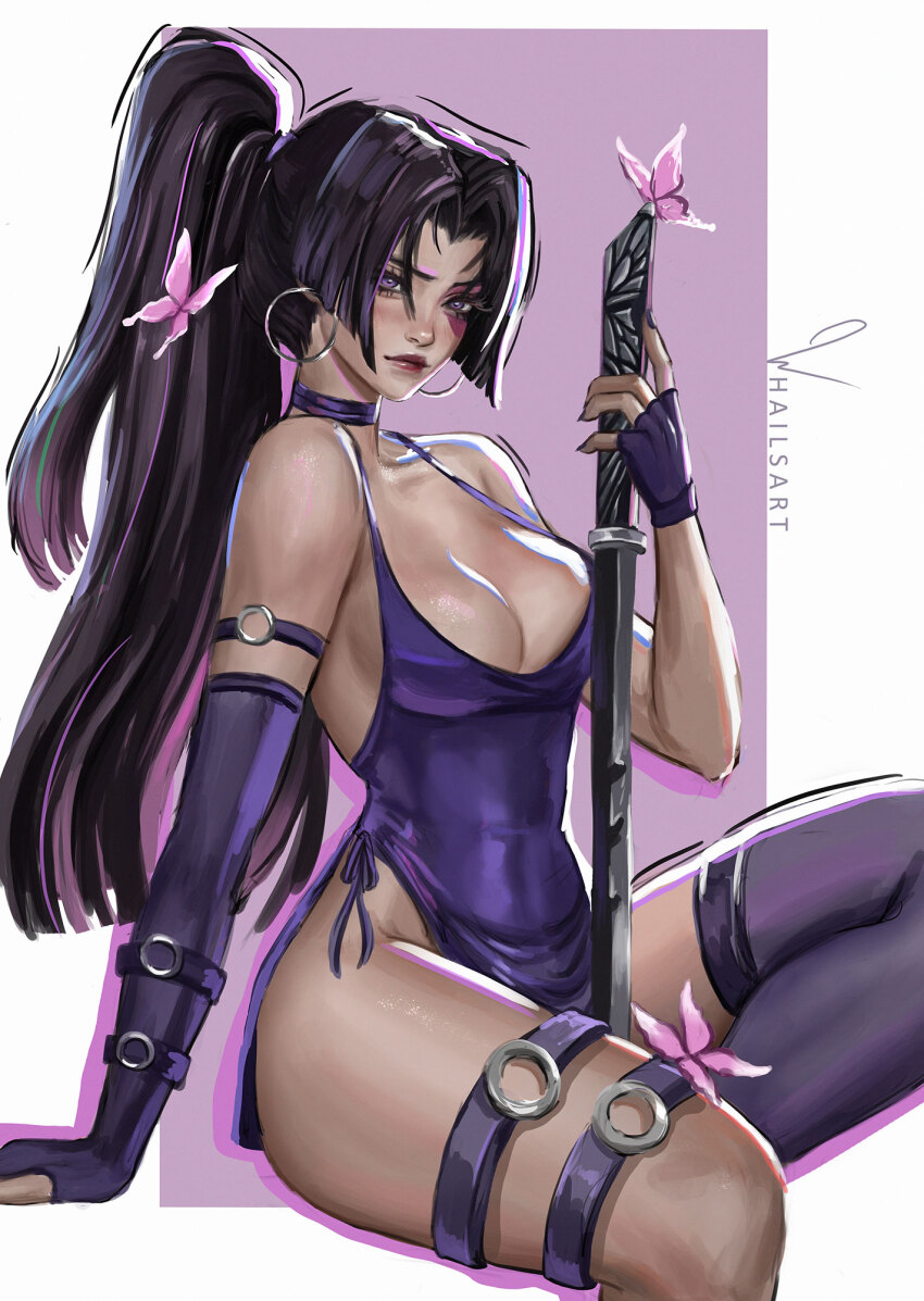 1girl black_hair breasts dress elbow_gloves gloves highres holding holding_sword holding_weapon large_breasts long_hair looking_at_viewer marvel marvel_rivals psylocke psylocke_(vengeance) purple_eyes solo superhero_costume sword thighhighs weapon whails white_dress x-men