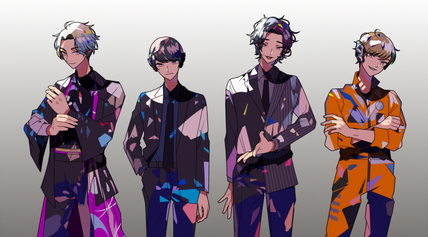 4boys android black_hair black_jacket black_shirt blonde_hair brown_hair headphones hito01 horobi_(kamen_rider_01) humagear_headphones ikazuchi_(kamen_rider_01) jacket jin_(kamen_rider_01) jumpsuit kamen_rider kamen_rider_01_(series) long_sleeves looking_at_viewer male_focus multiple_boys naki_(kamen_rider_01) necktie open_mouth robot_ears shirt short_hair simple_background smile white_background