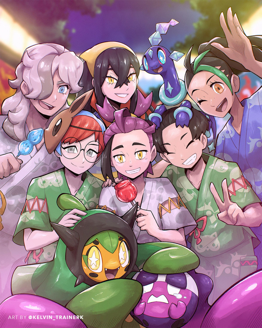 3boys 3girls :d ;d arven_(pokemon) blue_eyes blurry blurry_background candy_apple carmine_(pokemon) closed_eyes closed_mouth commentary crossed_bangs eyelashes florian_(pokemon) food glasses grey_eyes grin hair_between_eyes highres kelvin-trainerk kieran_(pokemon) long_hair mask multicolored_hair multiple_boys multiple_girls nemona_(pokemon) night nintendo ogerpon on_head one_eye_closed open_mouth outdoors pecharunt penny_(pokemon) pokemon pokemon_(creature) pokemon_on_head pokemon_sv round_eyewear shirt sky smile teeth terapagos terapagos_(normal) tongue twitter_username two-tone_hair upper_teeth_only v watermark yellow_eyes