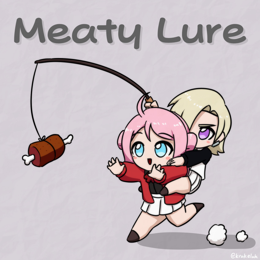 2girls :d ahoge black_jacket black_shirt blonde_hair blue_eyes blush_stickers boned_meat carrying chibi chibi_only collared_shirt dust_cloud ear_piercing english_text fanged_bangs fishing_rod food grey_background hair_over_one_eye highres holding holding_fishing_rod jacket krakelak long_hair long_sleeves love_live! love_live!_nijigasaki_high_school_idol_club lure meat mia_taylor mole mole_under_eye multicolored_jacket multiple_girls neck_ribbon nijigasaki_school_uniform no_mouth one_eye_covered open_mouth piercing piggyback pink_hair pleated_skirt pun purple_eyes red_jacket red_ribbon ribbon running school_uniform shadow shirt short_hair sidelocks skirt smile text_focus twitter_username two-tone_jacket two_side_up v-shaped_eyebrows white_jacket white_shirt zhong_lanzhu