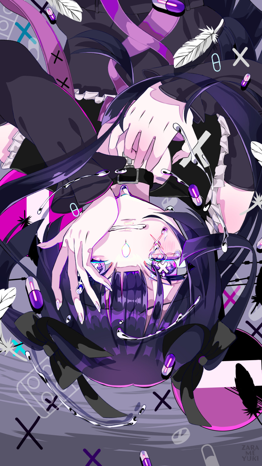 1girl absurdres anda_(tuyu) artist_name bare_shoulders belt_collar black_bow black_shirt black_sleeves blue_eyeliner blush bow bright_pupils choker collar commentary_request crying crying_with_eyes_open detached_sleeves eyeliner eyes_visible_through_hair eyeshadow feathers floating_hair floating_tears grey_background hair_between_eyes hair_bow hand_on_own_chest hand_on_own_face highres jirai_kei lace lace-trimmed_shirt lace_trim long_hair long_sleeves looking_at_viewer makeup neck_ribbon paperclip parted_lips partial_commentary pill purple_eyes purple_eyeshadow purple_hair purple_ribbon ribbon road_sign shirt sign solo stop_sign symbol-shaped_pupils tears teeth tuyu_(band) two_side_up under_kids upside-down wavy_mouth white_pupils x x-shaped_pupils zarame_yuki