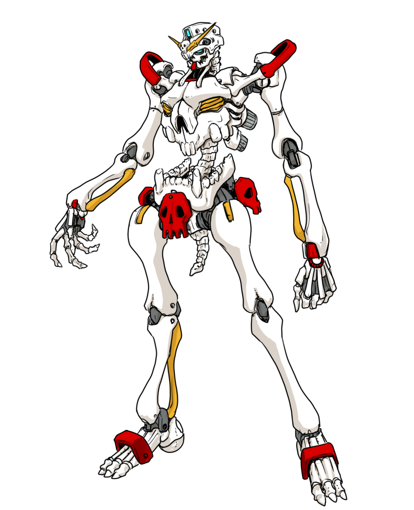 alternate_form aqua_eyes full_body g_gundam gundam highres joints ledjoker07 mecha mobile_suit no_humans no_pupils robot robot_joints science_fiction simple_background skull skull_gundam spine standing tail teeth thrusters toes v-fin white_background