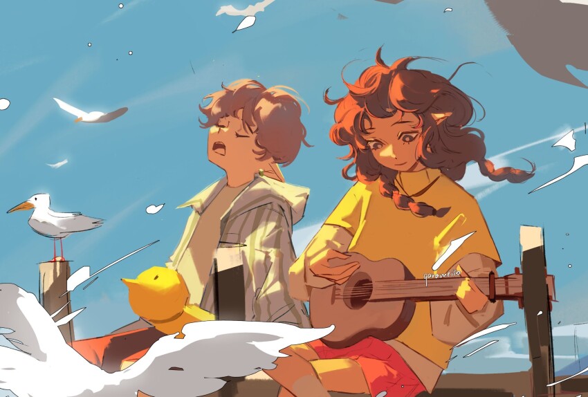 1boy 1girl bird blue_sky braid brother_and_sister brown_hair chayanne child closed_eyes commentary dock duck_innertube guitar highres holding holding_guitar holding_instrument instrument long_hair low_twin_braids minecraft_youtube open_mouth outdoors personification pointy_ears qarameiio quackity_smp red_shorts seagull short_hair shorts siblings sitting sky sweater symbol-only_commentary tallulah_(old_design)_(quackity_smp) tallulah_(quackity_smp) twin_braids yellow_sweater