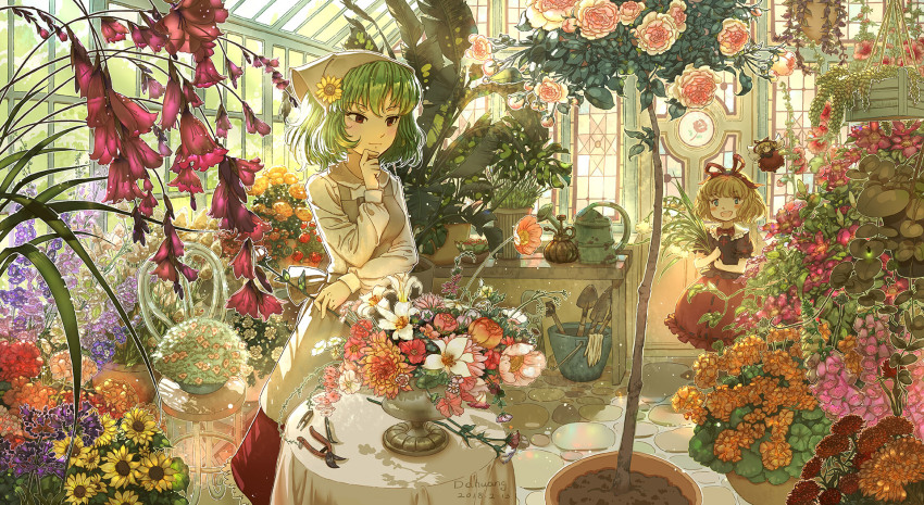 2girls :d apron backlighting black_shirt blonde_hair blouse blue_eyes botanical_garden bow bowtie chair closed_mouth dahuang day doll flower green_hair hair_flower hair_ornament hair_ribbon half-closed_eye hand_on_own_chin hand_up hands_up highres holding holding_flower indoors kazami_yuuka light_smile long_sleeves looking_at_another medicine_melancholy multiple_girls open_mouth plant puffy_short_sleeves puffy_sleeves red_eyes red_neckwear red_skirt ribbon rose scenery shirt short_hair short_sleeves skirt smile stained_glass standing su-san sunflower sunflower_hair_ornament table thinking touhou uneven_eyes white_shirt window wings