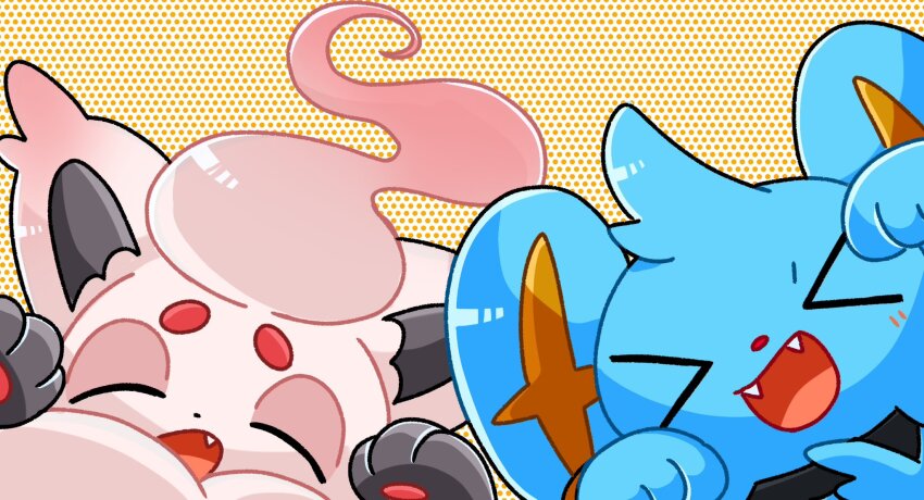 &gt;_&lt; :d animal_focus animal_hands blue_fur cat closed_eyes fang fox gen_4_pokemon highres hisuian_zorua looking_at_viewer nintendo no_humans nose_poke000 open_mouth pawpads pokemon pokemon_(creature) red_fur shinx simple_background smile upper_body white_fur yellow_background