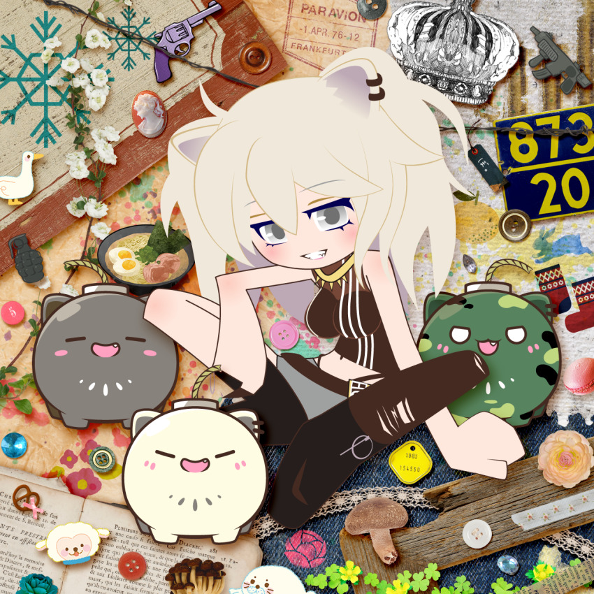 1girl animal_ears breasts clover ear_piercing egg_(food) explosive fang food grenade grey_eyes grey_shorts grin gun hair_between_eyes handgun highres hololive large_breasts lion_ears lion_girl midriff mixed_media mushroom navel noodles piercing pretzel rabbit ramen revolver sheep shirt shishiro_botan shishiro_botan_(1st_costume) shorts single_thighhigh sleeveless sleeveless_shirt smile solo ssrb_(shishiro_botan) thighhighs torn_clothes torn_thighhighs virtual_youtuber warimaru weapon weapon_request white_hair