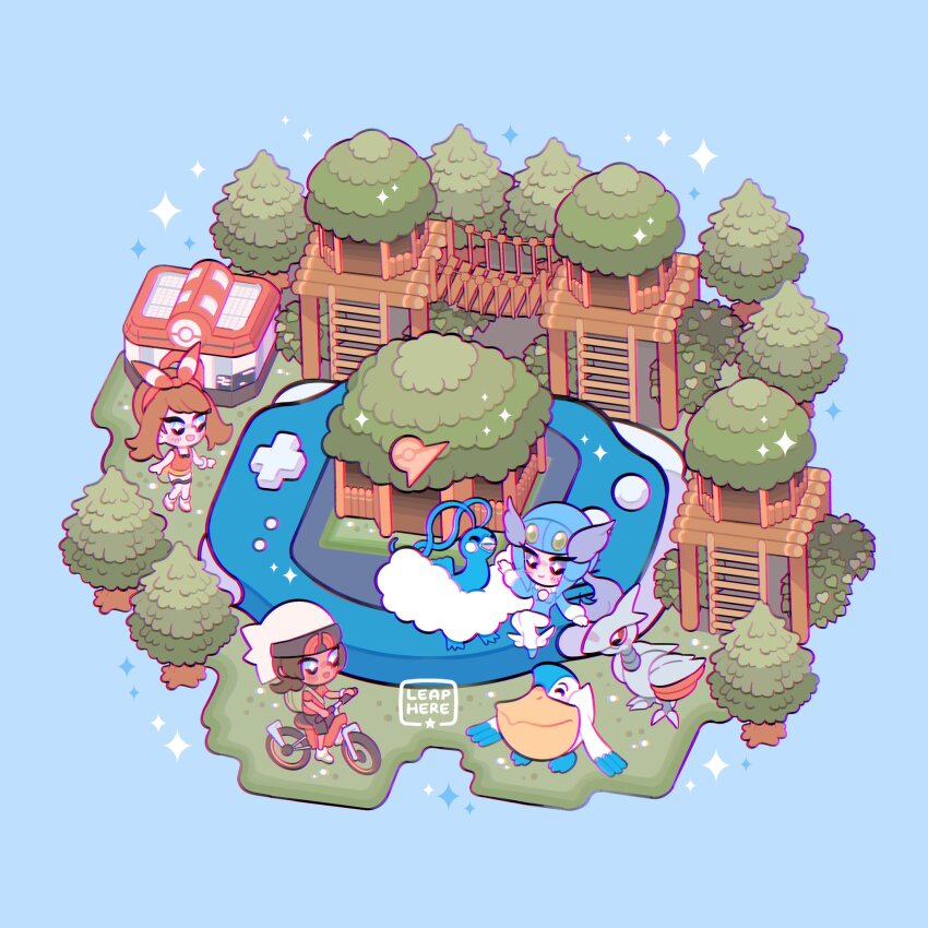 1boy 2girls altaria artist_name backpack bag beanie bicycle bow_hairband brendan_(pokemon) brown_hair commentary fortree_city gen_2_pokemon gen_3_pokemon grass green_bag hairband hat helmet highres holding ladder leaphere may_(pokemon) multiple_girls nintendo pants pelipper pokemon pokemon_(creature) pokemon_center pokemon_gym pokemon_oras riding riding_bicycle shirt shoes shorts skarmory sleeveless sleeveless_shirt standing tree white_headwear white_pants white_shorts winona_(pokemon)