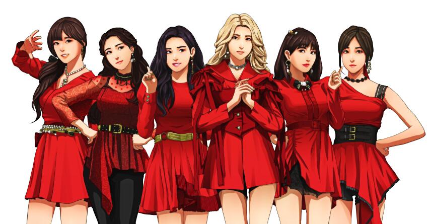 6+girls absurdres belt black_hair black_pants black_shorts blonde_hair blunt_bangs brown_hair commentary dress earrings eunha_(gfriend) gfriend hair_behind_ear hand_on_own_hip highres jewelry k-pop long_hair long_sleeves looking_at_viewer multiple_girls necklace pants ponytail real_life red_dress red_shirt renzengeki shirt short_hair shorts side_ponytail simple_background sinb_(gfriend) smile sowon_(gfriend) umji_(gfriend) white_background yerin_(gfriend) yuju_(gfriend)