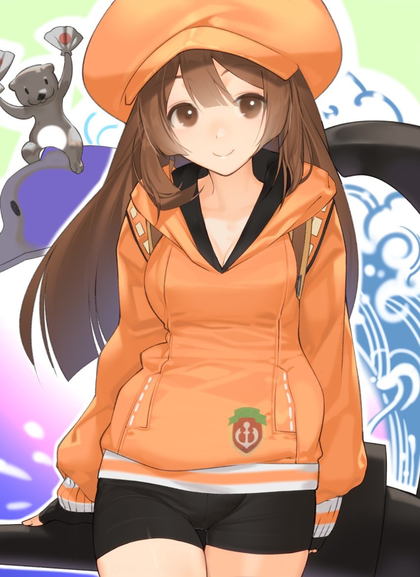 1girl akisa_yositake anchor anchor_symbol arc_system_works bike_shorts breasts brown_eyes brown_hair newsboy_cap collarbone dolphin fingerless_gloves gloves guilty_gear guilty_gear_strive hair_between_eyes hand_fan hat highres holding holding_weapon huge_weapon jacket long_hair may_(guilty_gear) medium_breasts orange_hat orange_jacket otter smile solo tidal_wave v-neck waves weapon