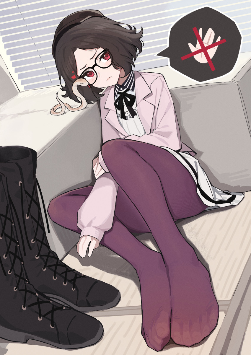 1girl absurdres black_boots black_ribbon boots brown_hat closed_mouth ebizuka_tomo feet foot_focus full_body girls_band_cry glasses hat highres indoors jacket lan_mao_akko legs long_sleeves looking_at_viewer medium_hair miniskirt necktie pantyhose parted_bangs pink_jacket pleated_skirt puffy_sleeves purple_pantyhose red_eyes ribbon shadow shirt sitting skirt snake solo toenails toes unworn_boots white_shirt white_skirt
