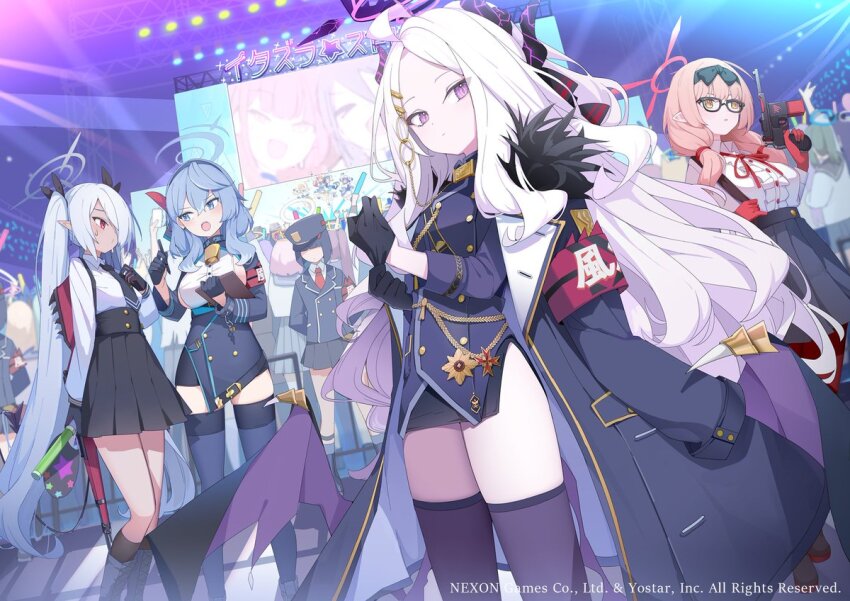 6+girls adjusting_clothes adjusting_gloves ako_(blue_archive) aris_(blue_archive) aru_(blue_archive) bell black-framed_eyewear black_footwear black_gloves black_shirt black_socks black_thighhighs blue_archive blue_eyes blue_hair bolt_action boots breasts brown_hair cape chinatsu_(blue_archive) closed_mouth dark-skinned_female dark_skin demon_horns demon_tail glasses gloves glowstick gun half_gloves halo handgun hifumi_(blue_archive) hina_(blue_archive) holding holding_glowstick holding_gun holding_notebook holding_pen holding_weapon horns hukahire0120 iori_(blue_archive) kneehighs long_hair looking_at_another looking_at_viewer mauser_98 mauser_c96 medium_breasts multiple_girls neck_bell notebook official_art open_mouth pantyhose parted_lips pen pistol pointy_ears prefect_team_(blue_archive) prefect_team_member_(blue_archive) purple_eyes purple_thighhighs red_eyes red_gloves red_pantyhose rifle shirt sideboob small_breasts socks standing sweat tail thighhighs thighs twintails weapon white_hair white_shirt yellow_eyes yuuka_(blue_archive) zettai_ryouiki
