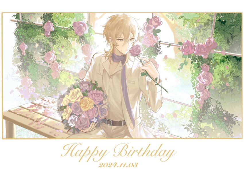 1boy alternate_costume belt bench blonde_hair bouquet brown_belt closed_mouth collared_jacket collared_shirt cowboy_shot dated ensemble_stars! flower hair_between_eyes hakaze_kaoru happy_birthday highres holding holding_bouquet holding_flower jacket leaf long_sleeves looking_at_object male_focus medium_hair orange_flower pants pink_flower pink_petals pink_rose purple_scarf rose ru_kosin scarf shirt sitting solo tree trellis white_background white_flower white_jacket white_pants white_shirt wolf_cut wooden_bench yellow_eyes yellow_flower