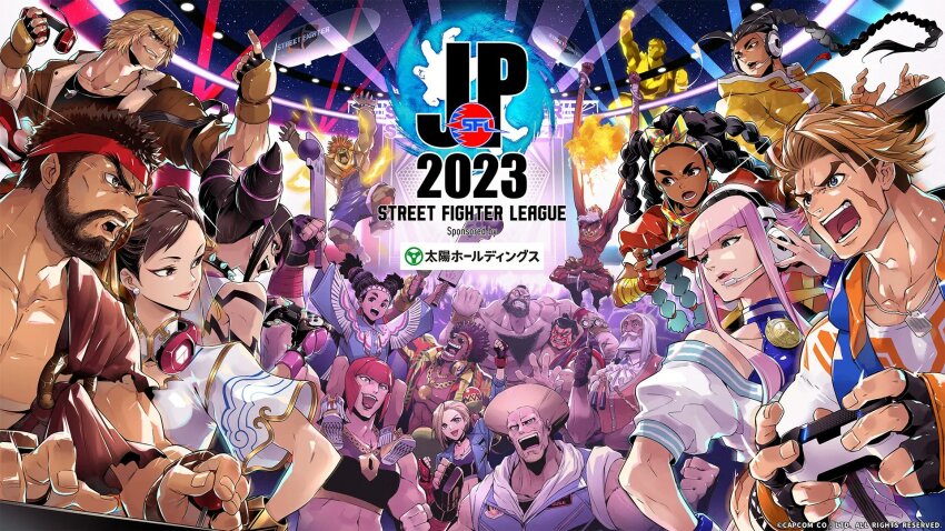 6+boys 6+girls arcade_stick beard blanka cammy_white capcom chest_hair chun-li controller copyright_notice dark-skinned_female dark-skinned_male dark_skin dee_jay dhalsim dougi dualsense e._honda everyone facial_hair fuse_ryuuta game_controller guile han_juri headband headphones headphones_around_neck headset highres jacket jamie_siu joystick jp_(street_fighter) ken_masters kimberly_jackson lily_hawk luke_sullivan manon_legrand marisa_(street_fighter) multiple_boys multiple_girls official_art overalls playstation_controller poncho ryu_(street_fighter) scar scarf smile statue street_fighter street_fighter_6 topless_male twintails zangief