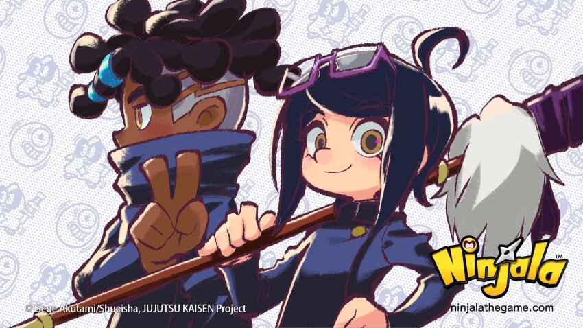 1girl black_hair blue_jacket blue_sleeves commentary cosplay covered_mouth crossover dreadlocks english_commentary eye_mask eyelashes from_side glasses gumchi hair_tie highres holding holding_pole inumaki_toge inumaki_toge_(cosplay) jacket jane_(ninjala) jujutsu_kaisen kinky_hair looking_at_viewer mandarin_collar medium_hair ninjala nose official_art outline pole popped_collar profile purple-framed_eyewear purple_outline rianti-wong ron_(ninjala) second-party_source semi-rimless_eyewear short_hair side_cut smile swept_bangs upper_body v white_hair wig yellow_eyes zen&#039;in_maki zen&#039;in_maki_(cosplay)