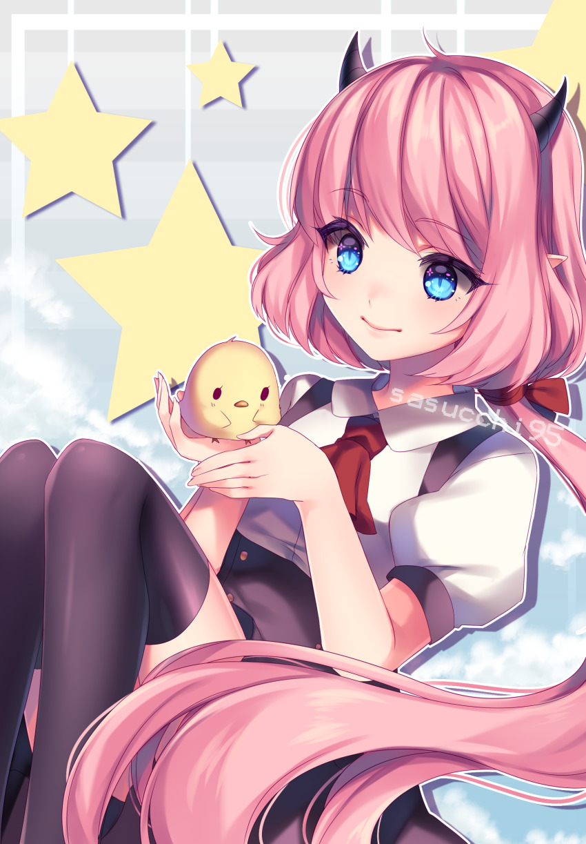 1girl absurdres ahoge animal artist_name ascot bird black_horns black_skirt black_thighhighs blue_background blue_eyes buttons closed_mouth cloud collared_shirt commentary demon_girl demon_horns double-breasted english_commentary feet_out_of_frame gradient_background grey_background hands_up highres holding holding_animal horns inset_border knees_up long_hair looking_at_animal low_ponytail original outline pink_hair pointy_ears ponytail puffy_short_sleeves puffy_sleeves red_ascot rina_(sasucchi95) sasucchi95 shirt short_sleeves simple_background sitting skirt slit_pupils small_horns smile solo star_(symbol) striped_background suspender_skirt suspenders thighhighs very_long_hair white_outline white_shirt zettai_ryouiki