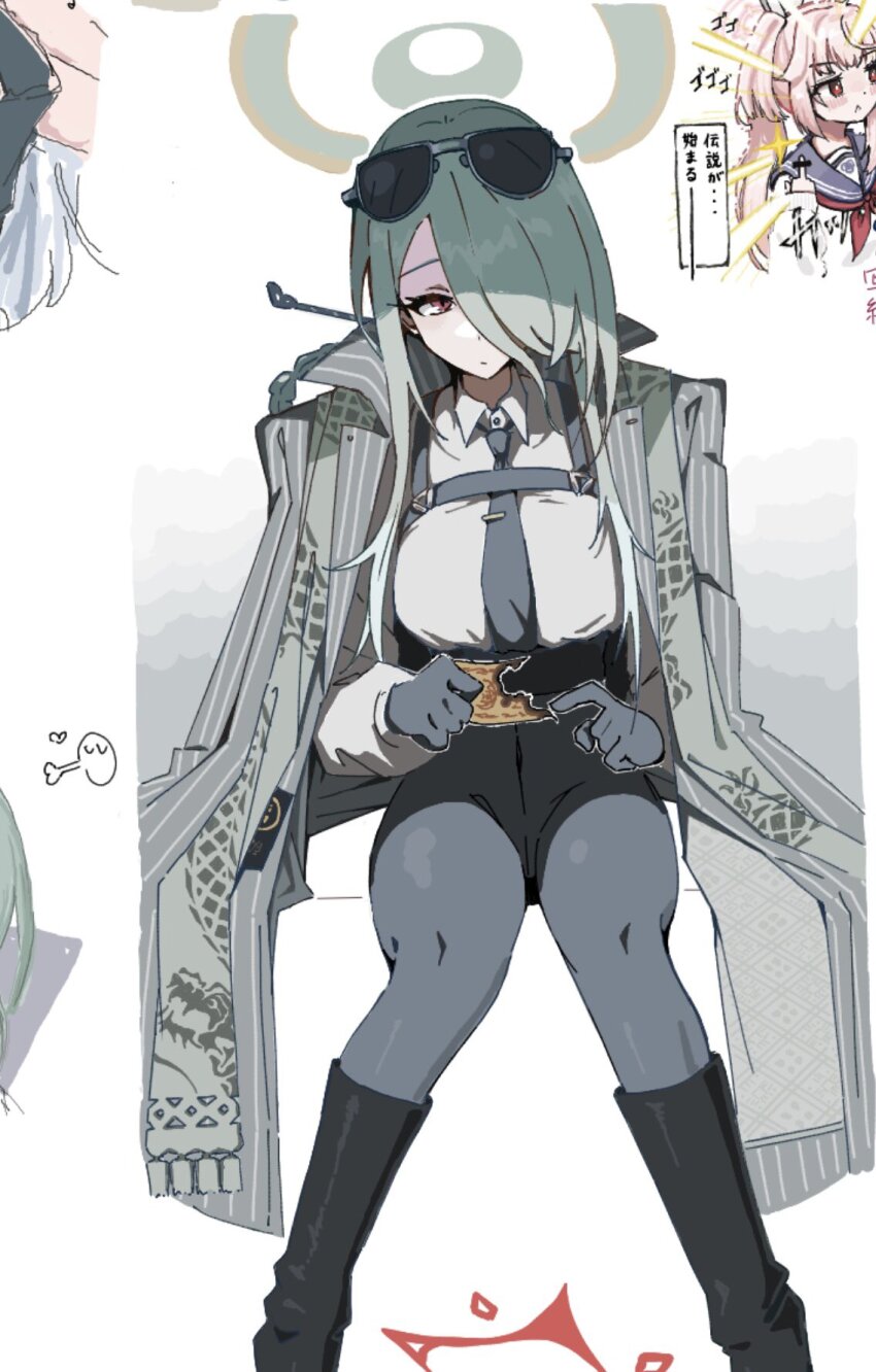 black_necktie blue_archive chest_harness coat coat_on_shoulders dragon_print eyewear_on_head green_halo grey_coat halo harness high-waist_pants highres mina_(blue_archive) natsu_(blue_archive) necktie pants pinstripe_pattern striped_coat sunglasses translation_request uni_gyoza vertical-striped_coat