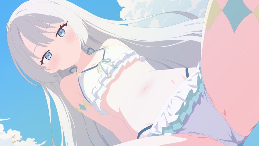 1girl bikini blue_eyes cloud cloudy_sky female_tyrant_(stella_sora) flat_chest grey_hair kise_tt long_hair looking_at_viewer official_alternate_costume sky solo spread_legs stella_sora swimsuit tyrant_(stella_sora) very_long_hair white_bikini