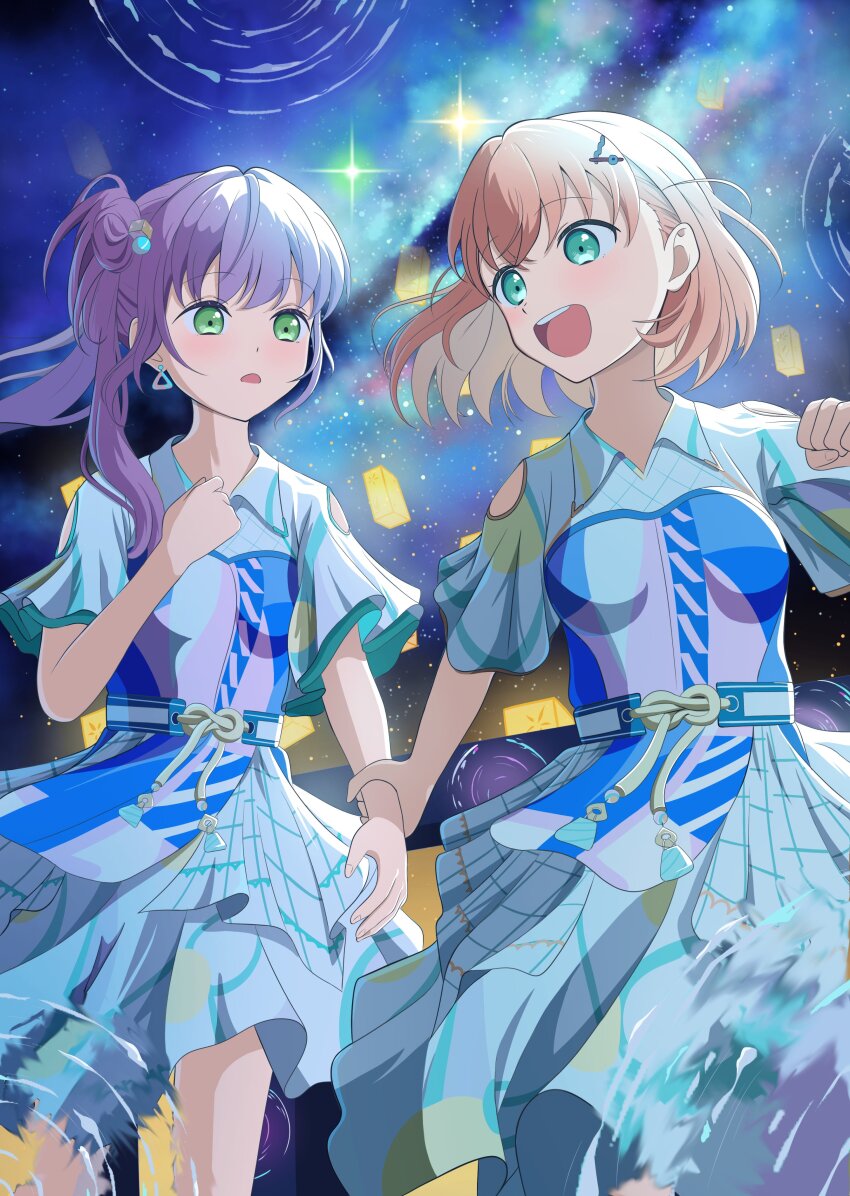 2girls :d absurdres aqua_dress aqua_eyes blue_dress blue_sky blush breasts cerise_bouquet clothing_cutout collared_dress commentary_request crossed_bangs cube_hair_ornament d: dress feet_out_of_frame frilled_dress frills genyo_yako green_eyes hair_bun hair_ornament highres hinoshita_kaho holding_another&#039;s_wrist lantern layered_dress link!_like!_love_live! long_hair looking_at_another love_live! medium_breasts medium_dress medium_hair morio_(mmorio_mu) multicolored_dress multiple_girls nebula night night_sky open_mouth orange_hair otomune_kozue paper_lantern pink_dress purple_hair ripples short_sleeves shoulder_cutout side_ponytail sidelocks single_side_bun sky smile star_(sky) starry_sky two_side_up virtual_youtuber white_dress
