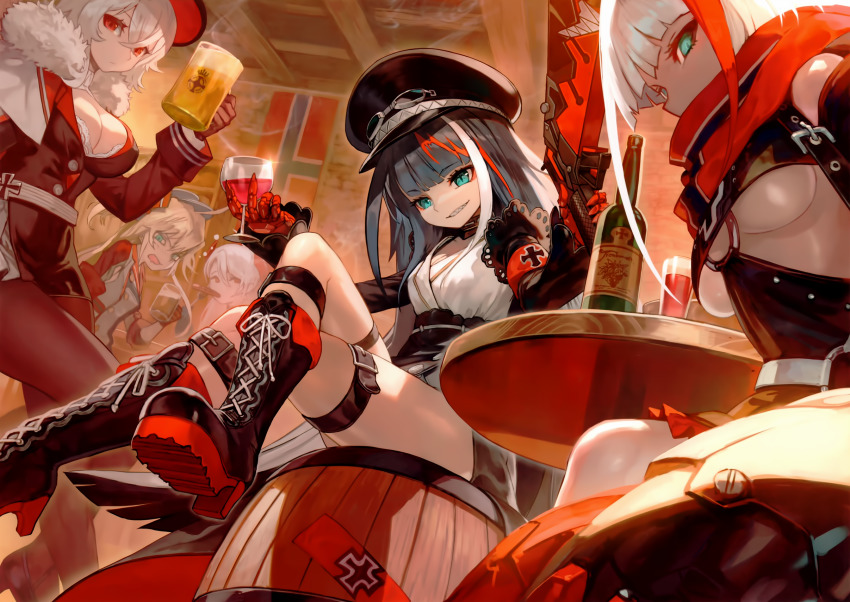 5girls admiral_graf_spee_(azur_lane) admiral_hipper_(azur_lane) azur_lane barrel beer_mug black_gloves black_hair blue_eyes boots breasts cropped cross-laced_footwear crossed_legs cup deutschland_(azur_lane) drinking_glass drunk dutch_angle fur_trim gauntlets gloves graf_zeppelin_(azur_lane) green_eyes grin gunblade hat headgear highres indoors lack looking_at_viewer medium_breasts military_hat mouth_hold mug multicolored_hair multiple_girls official_art pantyhose prinz_eugen_(azur_lane) red_eyes red_hair scan sharp_teeth sitting smile streaked_hair table teeth thigh_strap tsurime two_side_up underboob weapon white_hair wine_glass
