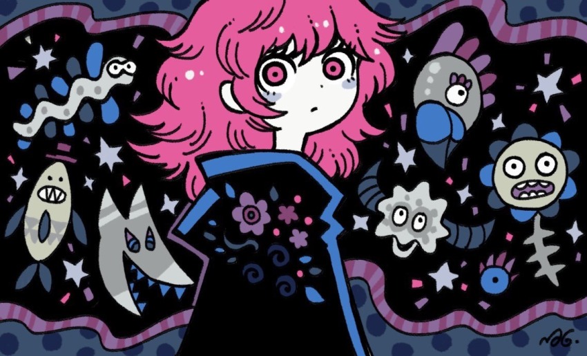 1girl blue_flower expressionless fish flower garouma long_hair looking_at_viewer original pink_eyes pink_hair print_cloak skeleton skull solo star_(symbol) surreal triangle upper_body