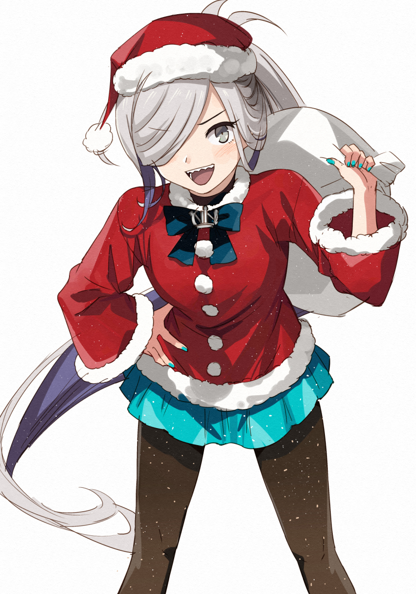 1girl ahoge alternate_costume asashimo_(kancolle) black_pantyhose blush christmas cowboy_shot dress fur-trimmed_dress fur-trimmed_headwear fur_trim green_dress green_nails grey_eyes grey_hair hair_over_one_eye hat highres holding holding_sack jacket kanmiya_shinobu kantai_collection long_hair long_sleeves looking_at_viewer open_mouth pantyhose ponytail red_dress sack santa_costume santa_dress santa_hat sharp_teeth smile solo teeth white_background