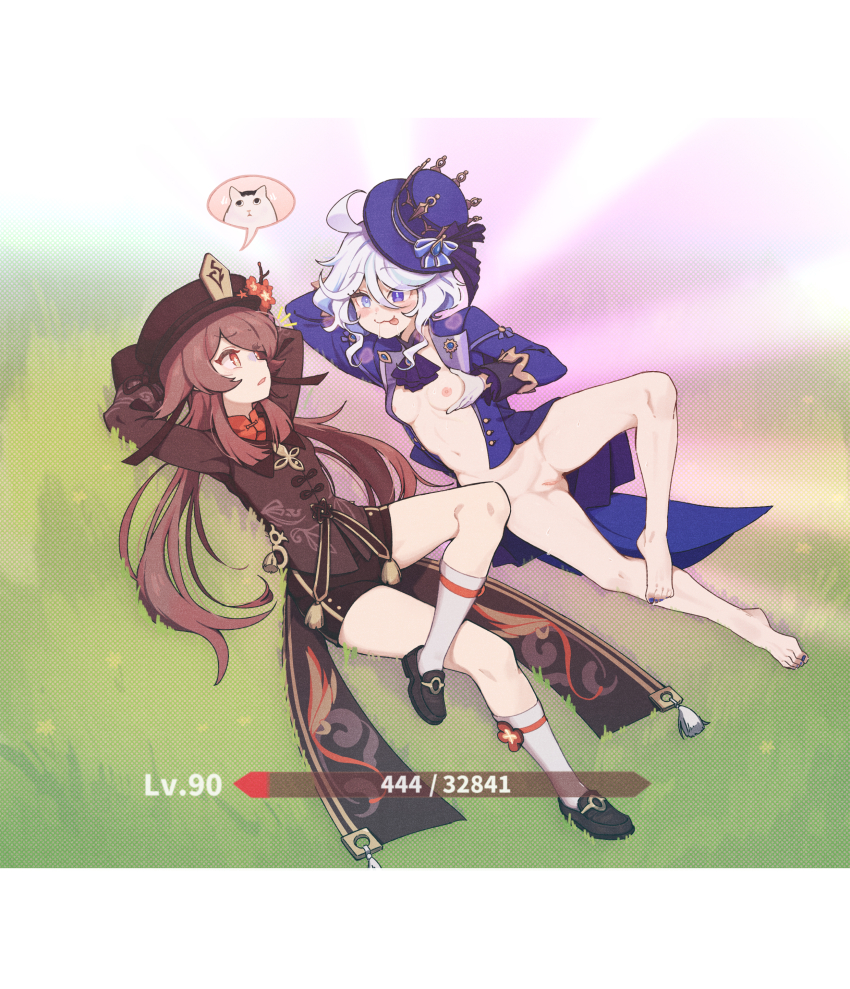 2girls :3 :p absurdres ahoge arm_behind_head arm_support arms_behind_head arms_up ascot bare_legs barefoot black_ascot black_shoes black_shorts blazer blue_bow blue_eyes blue_hat blue_jacket blue_nails blue_pupils blush bottomless bow breasts breasts_apart bright_pupils brown_hair brown_hat brown_jacket buttons cat chinese_clothes chinese_commentary closed_mouth coattails commentary_request curly_hair double-parted_bangs drooling exhibitionism eye_contact flipped_bangs flower flower-shaped_pupils full_body furina_(genshin_impact) furrowed_brow gameplay_mechanics genshin_impact gloves glowing grabbing_own_breast grasslands hair_between_eyes hair_flaps hat hat_bow hat_flower head_rest health_bar heterochromia highres hu_tao_(genshin_impact) jacket knee_up loafers long_hair long_sleeves looking_at_another low_twintails lying mandarin_collar multiple_girls nail_polish naked_jacket navel nipples notice_lines on_back on_grass on_side open_clothes open_jacket pankou parted_lips plum_blossoms porkpie_hat public_indecency pussy red_eyes red_flower saliva shin_strap shoes short_hair short_shorts shorts small_breasts socks spoken_animal stomach symbol-shaped_pupils tailcoat tansuan_n toenail_polish toenails toes tongue tongue_out top_hat turn_pale turning_head tuxedo_cat twintails very_long_hair white_gloves white_hair white_pupils white_socks