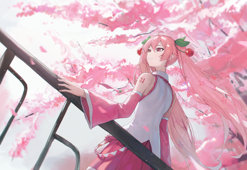 1girl absurdres cherry_blossoms cherry_tree closed_mouth collar detached_sleeves frilled_shirt frills hatsune_miku highres jianjia long_hair number_tattoo pink_eyes pink_hair pink_skirt pink_sleeves pleated_skirt sakura_miku shirt skirt sleeveless sleeveless_shirt smile solo standing tattoo twintails upper_body very_long_hair vocaloid white_collar white_shirt