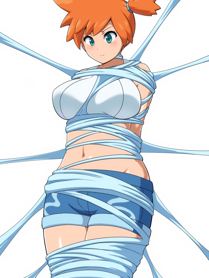 1girl bare_shoulders bdsm blue_eyes blue_shorts blush bondage bound breasts closed_mouth collarbone crop_top denim denim_shorts female_focus hair_tie highres kerriaria large_breasts legs_together midriff misty_(pokemon) navel nintendo orange_hair pokemon pokemon_lgpe shiny_skin shirt short_hair short_shorts shorts side_ponytail silk simple_background sleeveless sleeveless_shirt solo standing white_background white_shirt