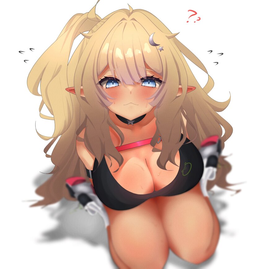 1girl ? ?? absurdres alternate_eye_color alternate_hair_color black_choker black_sports_bra blonde_hair blue_eyes blurry blush breasts chest_strap choker cleavage closed_mouth crescent crescent_hair_ornament eepy_sleepy eepy_sleepy_(sleepy_2.0) elf flying_sweatdrops geode_consumer hair_ornament highres kneeling long_hair phase_connect pointy_ears solo sports_bra star_(symbol) star_choker sweat tan virtual_youtuber