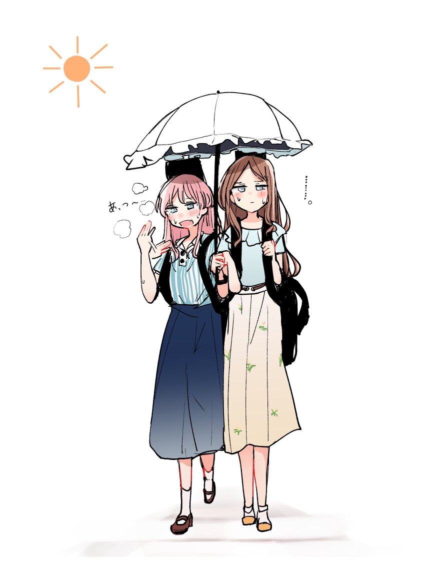 2girls absurdres bang_dream! bang_dream!_it&#039;s_mygo!!!!! blue_shirt blue_skirt brown_hair brown_skirt chihaya_anon commentary guitar_case highres instrument_case instrument_on_back locked_arms long_hair multiple_girls nagasaki_soyo open_mouth pachio_(patioglass) shared_umbrella shirt short_hair sidelocks skirt socks sweat symbol-only_commentary translated umbrella white_socks white_umbrella