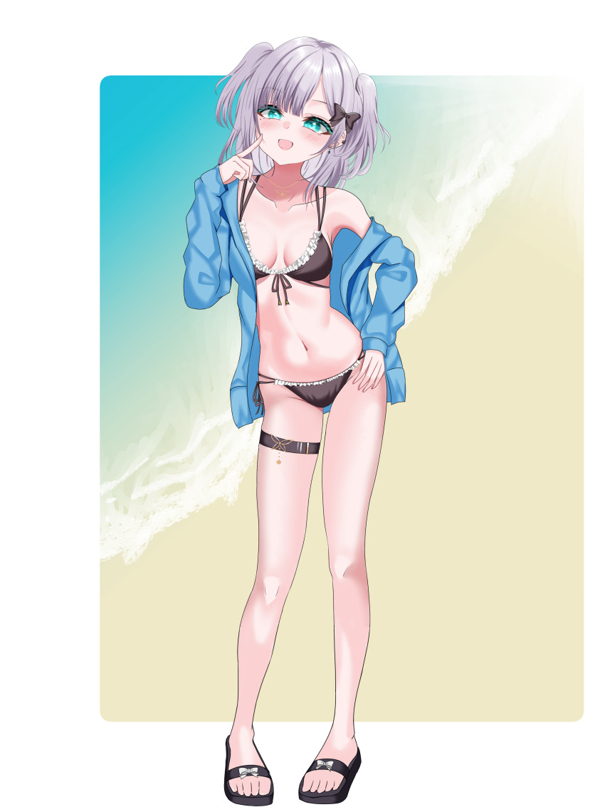 1girl absurdres alternate_costume alternate_hairstyle bikini blush breasts collarbone full_body grey_hair hair_ornament highres iris_black_games kaga_sumire kaga_sumire_(summer_c102) kureto0130 looking_at_viewer lupinus_virtual_games medium_breasts medium_hair multi-strapped_bikini_bottom navel open_mouth solo standing swimsuit virtual_youtuber vspo!