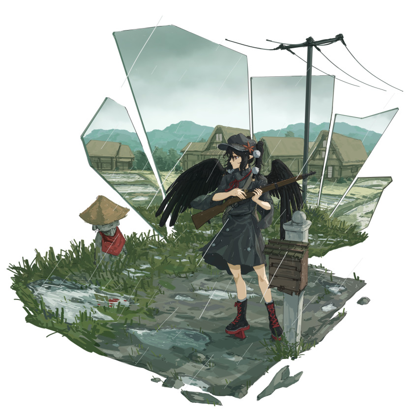 1010kman 1girl alternate_costume architecture bag bandana black_boots black_dress black_hair black_hat black_wings boots closed_mouth commentary commission day dress east_asian_architecture english_commentary feathered_wings flat_cap full_body geta grass grey_sky gun hat hat_ornament high_collar high_ponytail highres holding holding_gun holding_weapon house jizou lace-up_boots leaf leaf_hat_ornament looking_to_the_side mailbox_(incoming_mail) maple_leaf messenger_bag mountainous_horizon multicolored_boots neck_ribbon outdoors outside_border overcast pointy_ears pom_pom_(clothes) ponytail power_lines profile puddle rain red_bandana red_boots red_eyes red_ribbon reloading ribbon rice_paddy shameimaru_aya shattered short_dress shoulder_bag sky solo standing straw_hat tengu-geta thatched_roof three-quarter_sleeves touhou transparent_background two-tone_boots utility_pole weapon weapon_request wide_sleeves wings