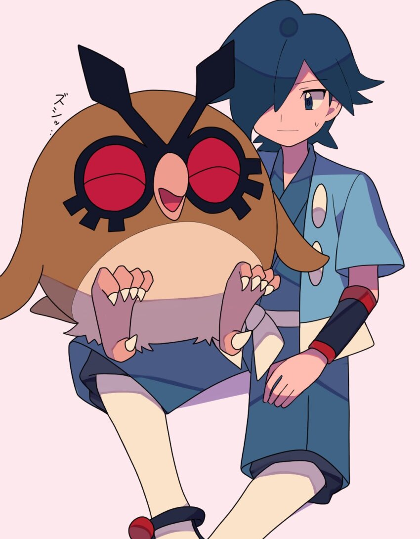 1boy blue_eyes blue_hair blue_jacket blue_kimono closed_mouth falkner_(pokemon) gen_2_pokemon hair_over_one_eye haori highres hoothoot jacket japanese_clothes kimono kneehighs looking_down male_focus nintendo open_clothes open_jacket pokemon pokemon_(creature) pokemon_hgss pokemon_on_leg sash short_hair short_sleeves smile socks sweatdrop tyako_089 wristband