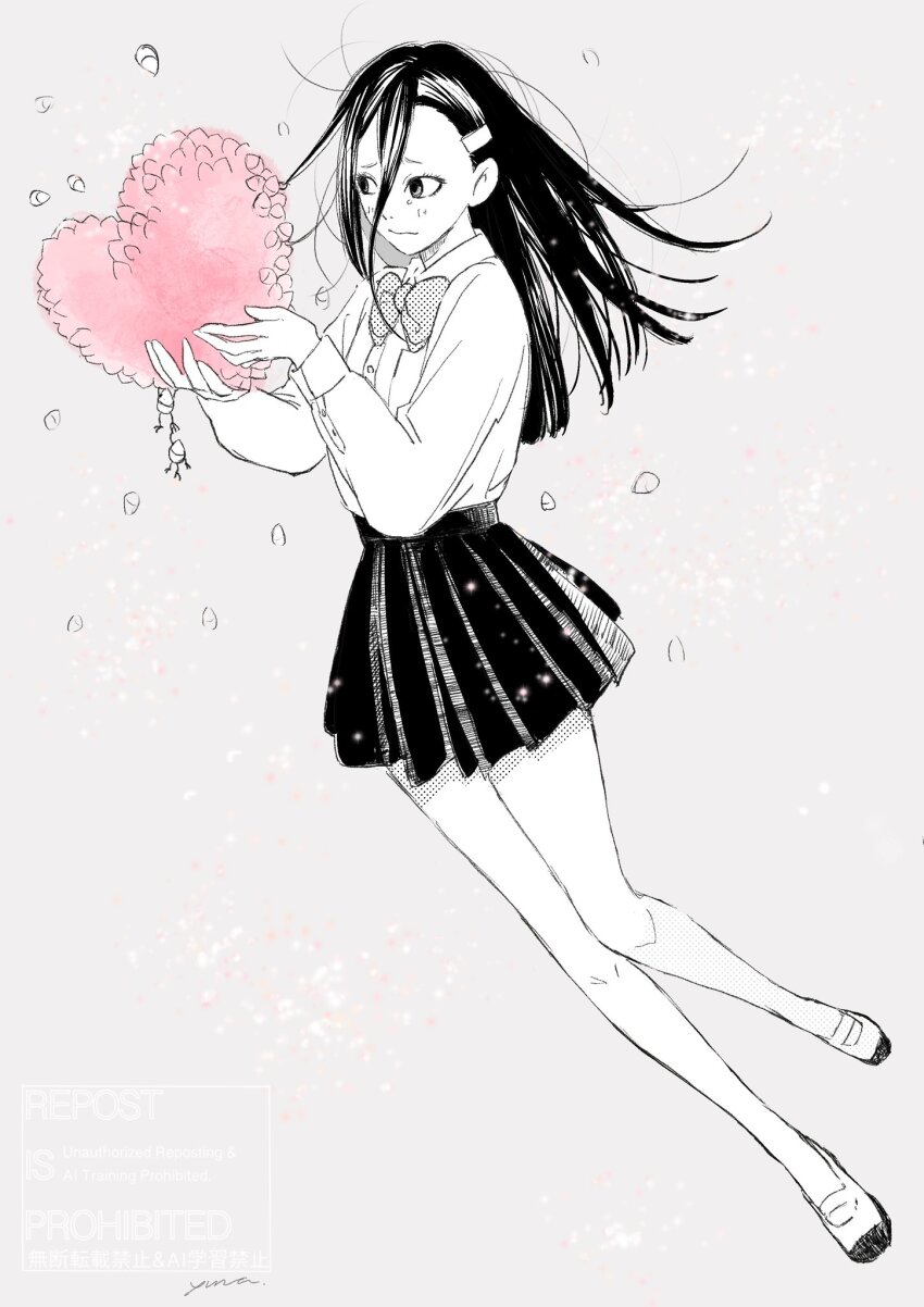 1girl bare_legs black_hair bow bowtie closed_mouth collared_shirt commentary conical_hat dandadan full_body gnome grey_background hair_behind_ear hair_between_eyes hair_ornament hairclip heart highres holding light_blush long_hair long_sleeves miniskirt pleated_skirt school_uniform shirt shoes skirt symbol-only_commentary white_shirt yukishiro_kouki yura0210_1017