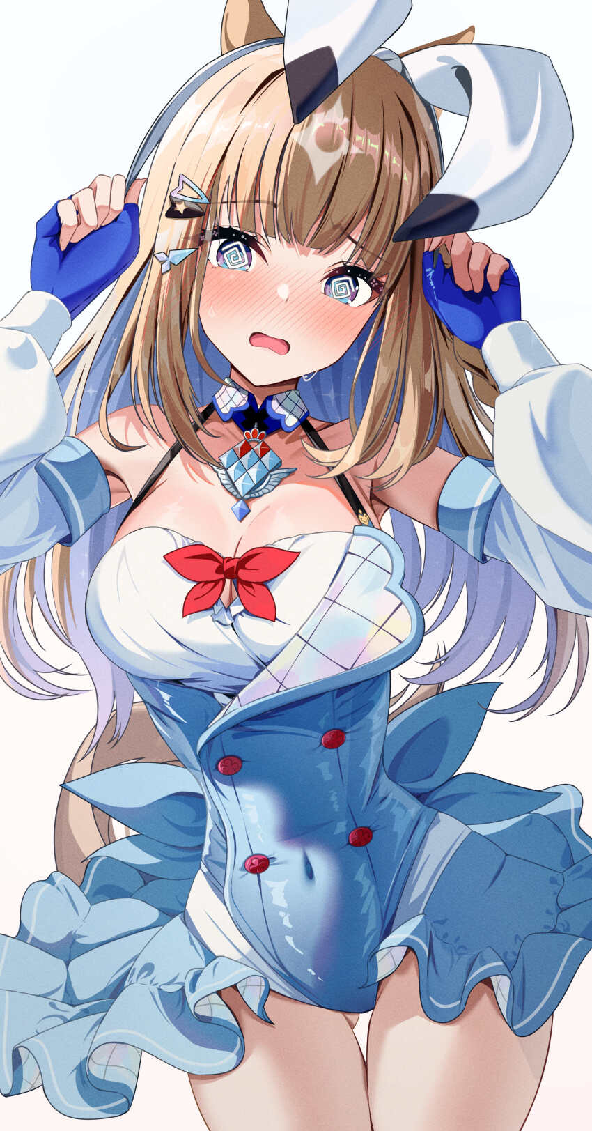 1girl @_@ absurdres almond_eye_(umamusume) animal_ears bare_shoulders black_ribbon blue_dress blue_gloves blue_hair blunt_bangs blush bow braid breast_suppress breasts brown_hair buttons cleavage collarbone colored_inner_hair commentary_request cowboy_shot detached_collar detached_sleeves double-breasted dress ear_ornament fingerless_gloves gloves hair_bow hair_ornament hair_ribbon hairclip hand_up highres horse_ears horse_girl horse_tail large_breasts light_smile long_hair looking_at_viewer multicolored_hair open_mouth red_bow red_button ribbon short_braid side_braid sidelocks simple_background single_braid skirt sleeve_bow solo sparkling_eyes straight_hair tail thick_eyelashes two-tone_hair umamusume vami white_background white_bow white_skirt white_sleeve_cuffs yellow_bow