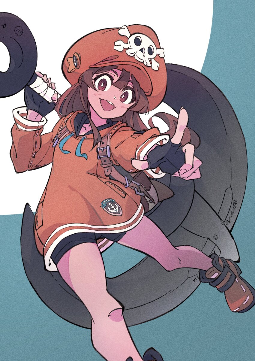 1girl absurdres bag brown_hair dolphin fingerless_gloves gloves guilty_gear guilty_gear_strive hat highres hood hoodie long_hair may_(guilty_gear) onozawa_(buresu21) orange_eyes orange_hat orange_hoodie orange_shirt pirate_hat shirt skull_and_crossbones