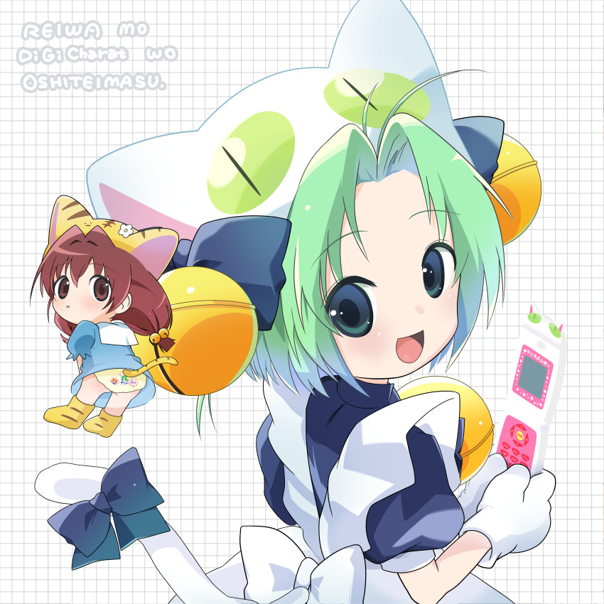 2girls absurdres animal_hat antenna_hair bell blue_dress bow brown_hair cat_hat cat_tail cellphone character_print curtained_hair dejiko di_gi_charat dress flip_phone green_hair hair_bell hair_ornament hat highres holding holding_phone mittens multiple_girls open_mouth panties phone print_panties puchiko puffy_short_sleeves puffy_sleeves reiwa_no_di_gi_charat rnornopoo short_hair short_sleeves tail tail_bow tail_ornament underwear usada_hikaru white_mittens x_mouth