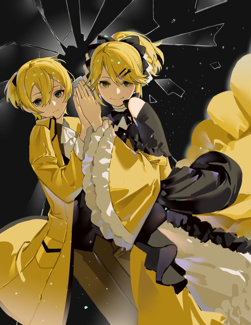1boy 1girl aku_no_meshitsukai_(vocaloid) aku_no_musume_(vocaloid) allen_avadonia ascot black_background black_bow black_vest blonde_haired_nun_(nagioka) bow broken_glass brown_pants brown_shirt chouti_ttt coat collared_coat collared_shirt detached_collar dress evillious_nendaiki expressionless frilled_sleeves frills glass green_eyes hair_between_eyes hair_bow hair_ornament hairclip high_ponytail highres holding_hands kagamine_len kagamine_rin looking_at_viewer miku_symphony_(vocaloid) mirror_twins off-shoulder_dress off_shoulder pants petticoat ponytail riliane_lucifen_d&#039;autriche shirt short_ponytail siblings smile swept_bangs symmetry twins updo vest vocaloid white_ascot wide_sleeves yellow_coat yellow_dress