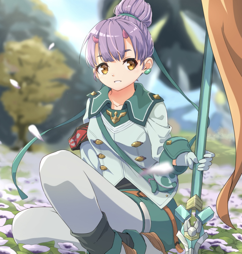 1girl fiona_(xenoblade) flag highres holding holding_flag holding_polearm holding_weapon lance meadow mitsudomoe_(shape) pantyhose polearm solo tekology tomoe_(symbol) weapon white_pantyhose xenoblade_chronicles_(series) xenoblade_chronicles_3 yellow_pupils