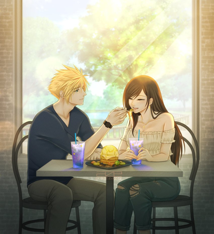 1boy 1girl absurdres azezazel bare_shoulders blonde_hair blue_eyes brown_hair casual chair cloud_strife collarbone couple crop_top cup denim drink drinking_straw earrings closed_eyes feeding final_fantasy final_fantasy_vii final_fantasy_vii_remake food highres holding holding_spoon indoors jeans jewelry long_hair looking_at_another pants shirt sitting spiked_hair spoon square_enix table tifa_lockhart torn_clothes torn_legwear window