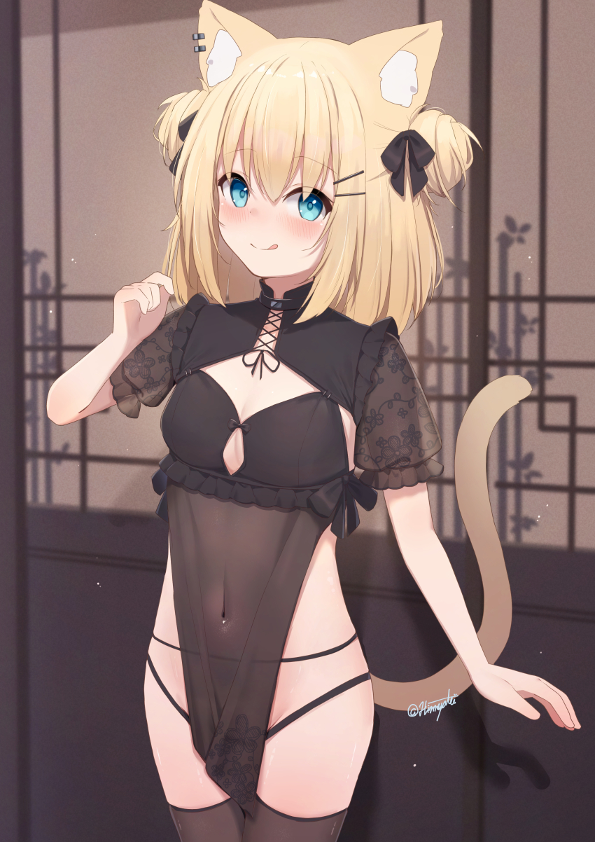 1girl :q absurdres animal_ears black_dress black_ribbon blonde_hair blue_eyes blush breasts brown_thighhighs cat_ears cat_girl cat_tail china_dress chinese_clothes commentary_request covered_navel double_bun dress hair_bun hair_ribbon highres hinata_(user_rjkt4745) looking_at_viewer medium_breasts original pelvic_curtain ribbon solo standing tail thighhighs thighs tongue tongue_out