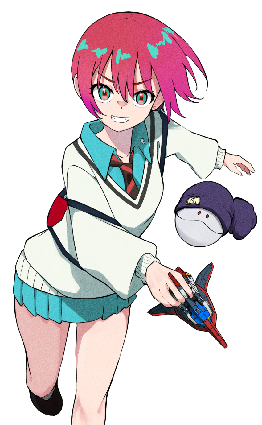 1girl amate_yuzuriha aqua_eyes aqua_shirt aqua_skirt backpack bag beanie black_necktie coelacanth_(ken1984) collared_shirt commentary earrings english_commentary foot_out_of_frame grin gundam gundam_gquuuuuux haro hat highres holding holding_toy jewelry long_sleeves looking_at_viewer necktie pleated_skirt red_hair red_necktie shirt short_hair simple_background skirt smile solo standing star_(symbol) star_in_eye striped_necktie stud_earrings sweater symbol_in_eye teeth toy v-neck v-shaped_eyebrows white_background white_sweater
