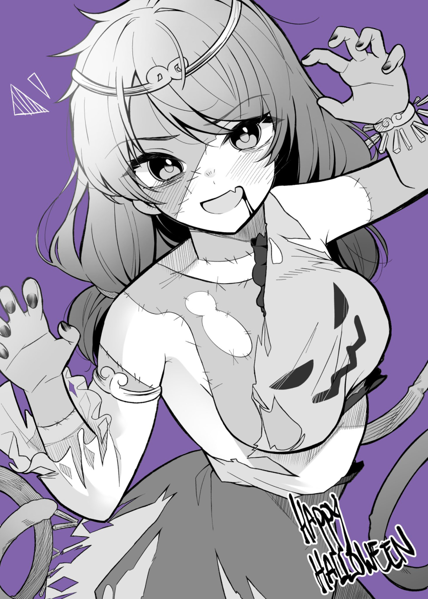 1girl adapted_costume blood blood_from_mouth breasts circlet claw_pose commentary_request dress fang greyscale_with_colored_background halloween halloween_costume happy_halloween highres long_hair looking_at_viewer low_twintails meimei_(meimei89008309) monkey_girl monkey_tail open_mouth patchwork_skin purple_background single-shoulder_dress skin_fang smile solo son_biten tail touhou twintails