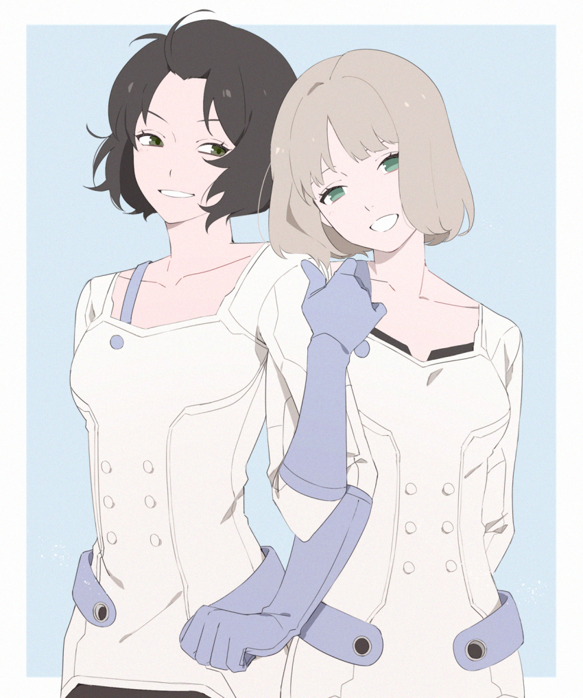 2girls :d black_hair blonde_hair blue_background bob_cut breasts collarbone eyelashes gloves green_eyes head_tilt highres kumagai_yuuko locked_arms looking_at_another looking_at_viewer medium_breasts multiple_girls nasu_rei open_mouth outside_border purple_gloves short_hair side-by-side sideways_glance simple_background smile strap uniform upper_body world_trigger yawai_tofu