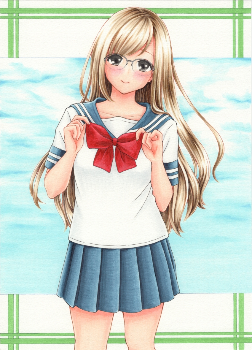 1girl absurdres blue_sailor_collar blue_skirt blue_sky blush border bow bowtie brown_hair closed_mouth cloud cloudy_sky collarbone commentary cowboy_shot glasses green_border grey_eyes hands_up highres long_hair looking_at_viewer marker_(medium) midori_(mira567) miniskirt original outside_border parted_bangs pleated_skirt red_bow red_bowtie sailor_collar school_uniform semi-rimless_eyewear serafuku shirt short_sleeves skirt sky smile solo standing straight-on traditional_media white_background white_shirt